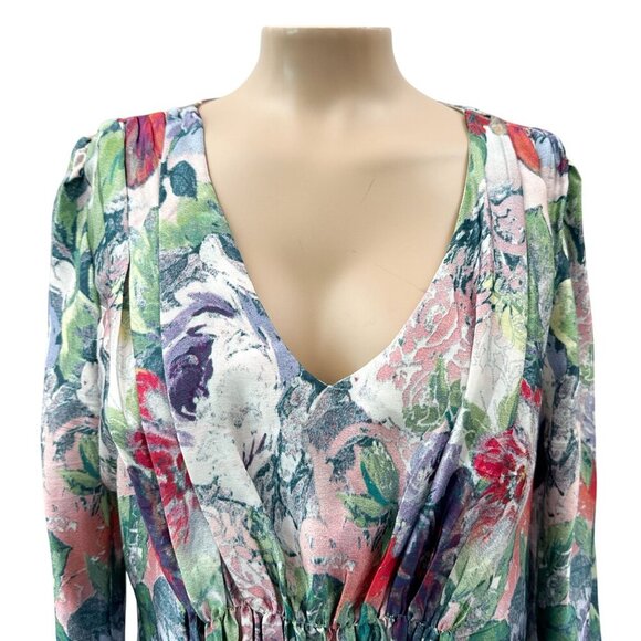 Sundance Samantha Silk Long Sleeve Boho Floral Pleated V-Neck Empire Top Women S - Picture 4 of 12